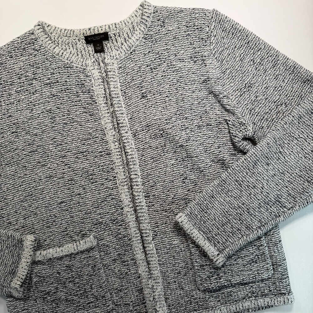 Ann Taylor Open Front Cardigan M Black White Gray‎ Classic Old Money